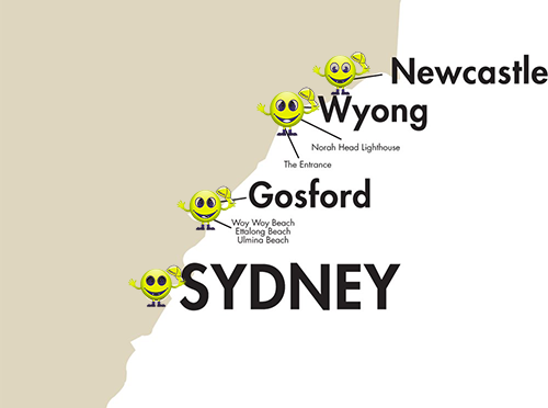 Map showing Sydney, Gosford, Wyong and Newcastle